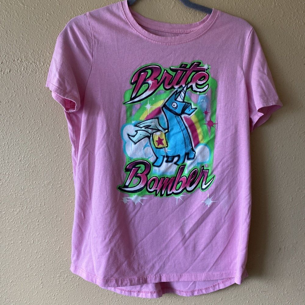 Fortnite Brite Bomber Pink T-Shirt‎ Women's L Gamer Baby Tee Piñata Loot